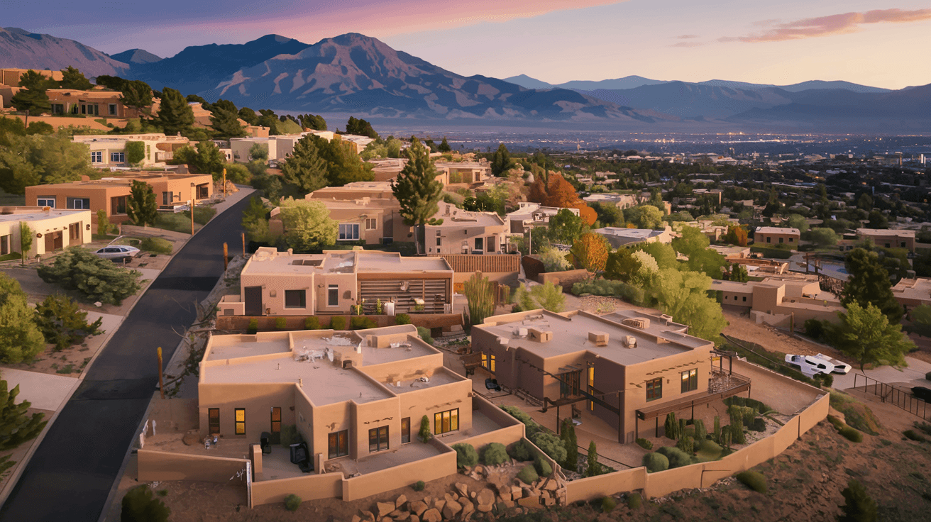 Aerial view of High Desert Albuquerque neighborhood at golden hour, custom adobe homes nestled in the foothills with the Sandia Mountains rising behind them and city lights beginning to glow in the valley below