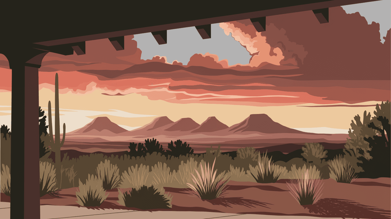 A sunset view from a High Desert Albuquerque home portal looking west over the Rio Grande bosque and the five volcanoes, warm orange and pink light filling the sky above the West Mesa