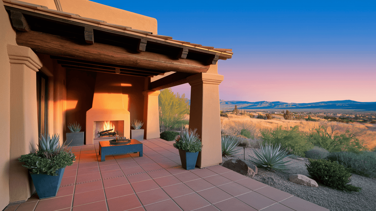 A private outdoor portal on a High Desert Albuquerque luxury home at sunset, with a covered patio, terracotta tile flooring, a lit outdoor fireplace, and an unobstructed westward view over the Rio Grande Valley turning gold and pink