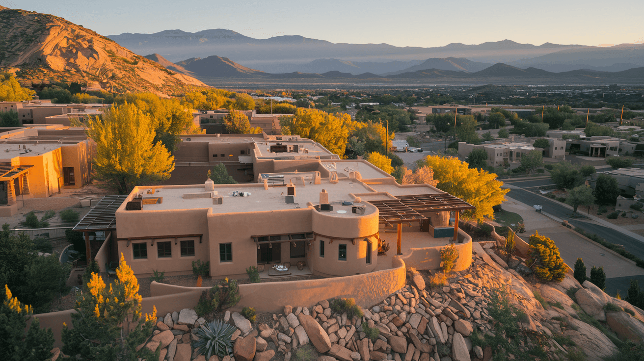 Aerial view of High Desert neighborhood in Albuquerque at golden hour, showing Pueblo Revival luxury homes nestled into the Sandia Mountain foothills with city lights beginning to glow in the valley below