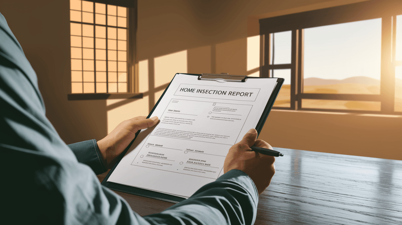 A home inspector reviewing a detailed inspection report inside a mid-century Albuquerque home, with notes visible about roofing and HVAC systems, natural light coming through a southwest-facing window
