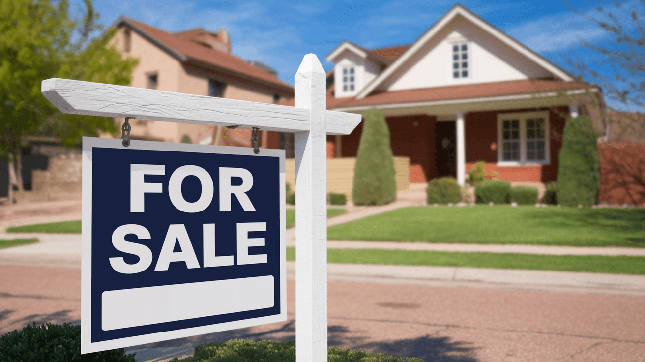 A For Sale sign in front of a well-kept Albuquerque home with mature landscaping and a traditional stucco exterior on a clear sunny day