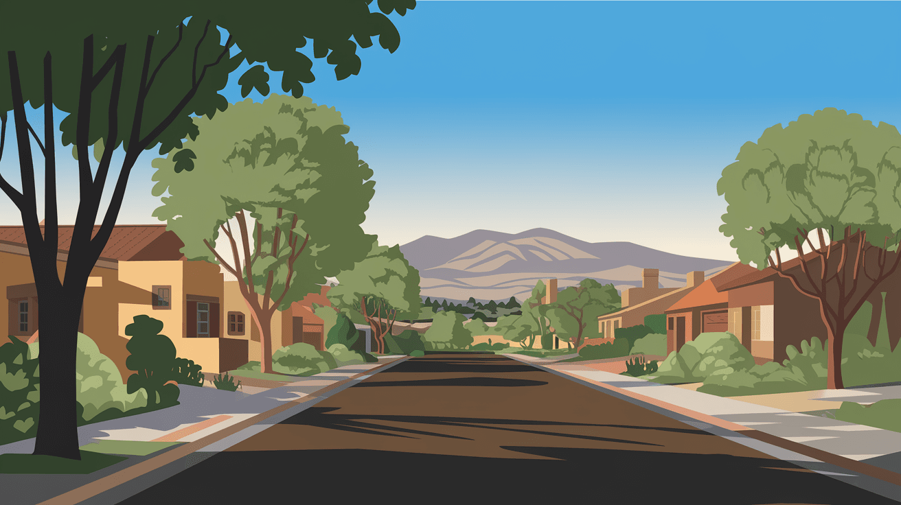 A quiet Albuquerque residential street in a mature neighborhood lined with cottonwood trees, adobe-style homes with terracotta roofs, and the Sandia Mountains visible in the distance under a clear blue sky