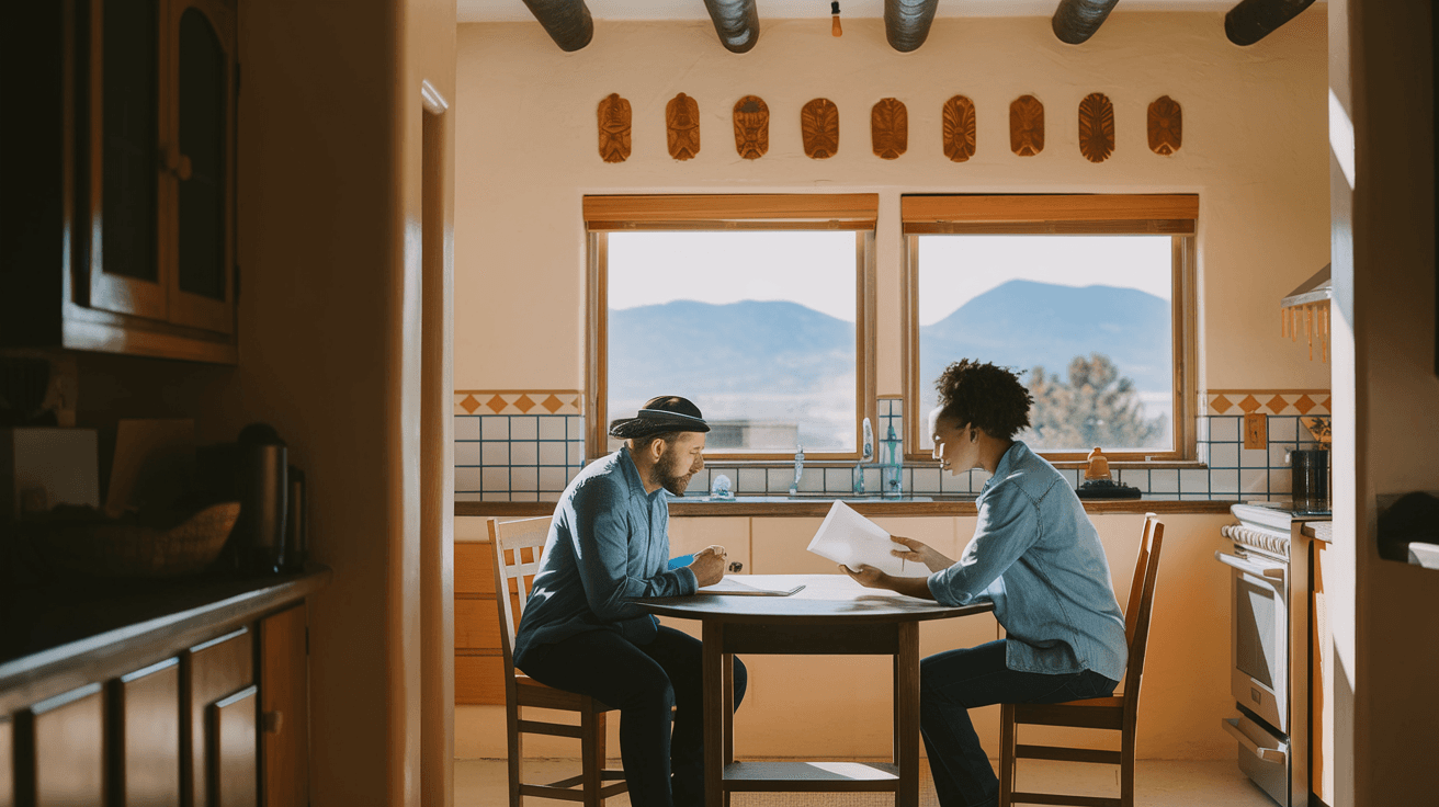 A home buyer and real estate agent reviewing paperwork at a kitchen table inside a sunlit Albuquerque home with traditional vigas on the ceiling and a view of the Sandia Mountains through the window