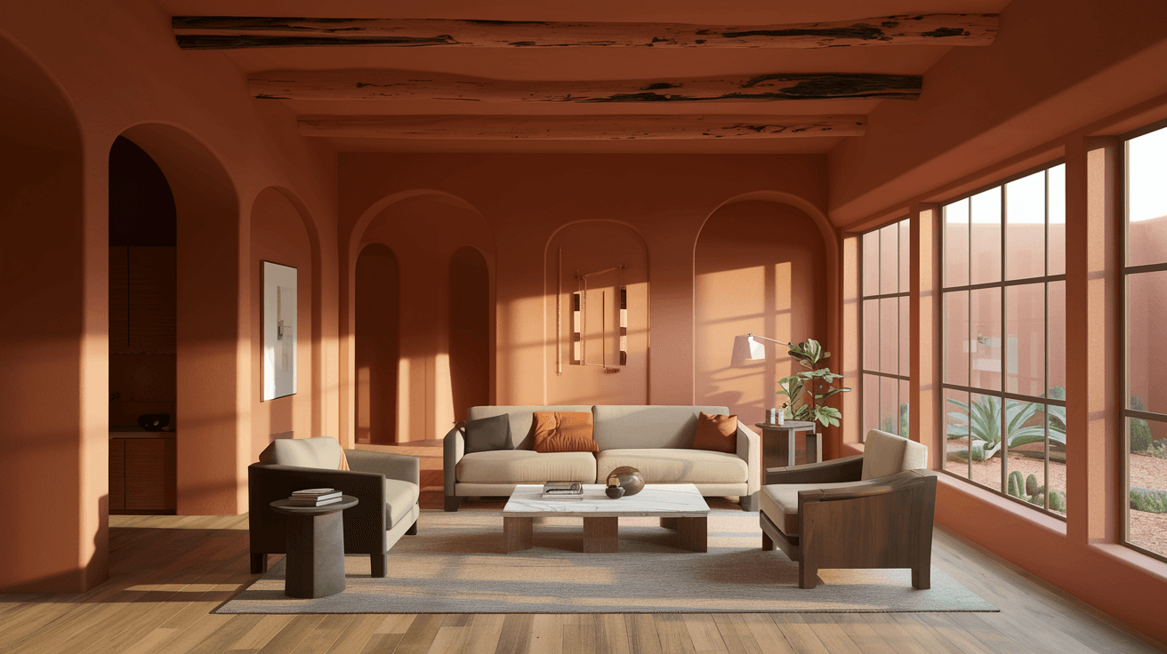A staged Albuquerque living room with warm terracotta tones, exposed wood vigas, a clean modern sofa, and natural light streaming through large windows overlooking a xeriscape courtyard