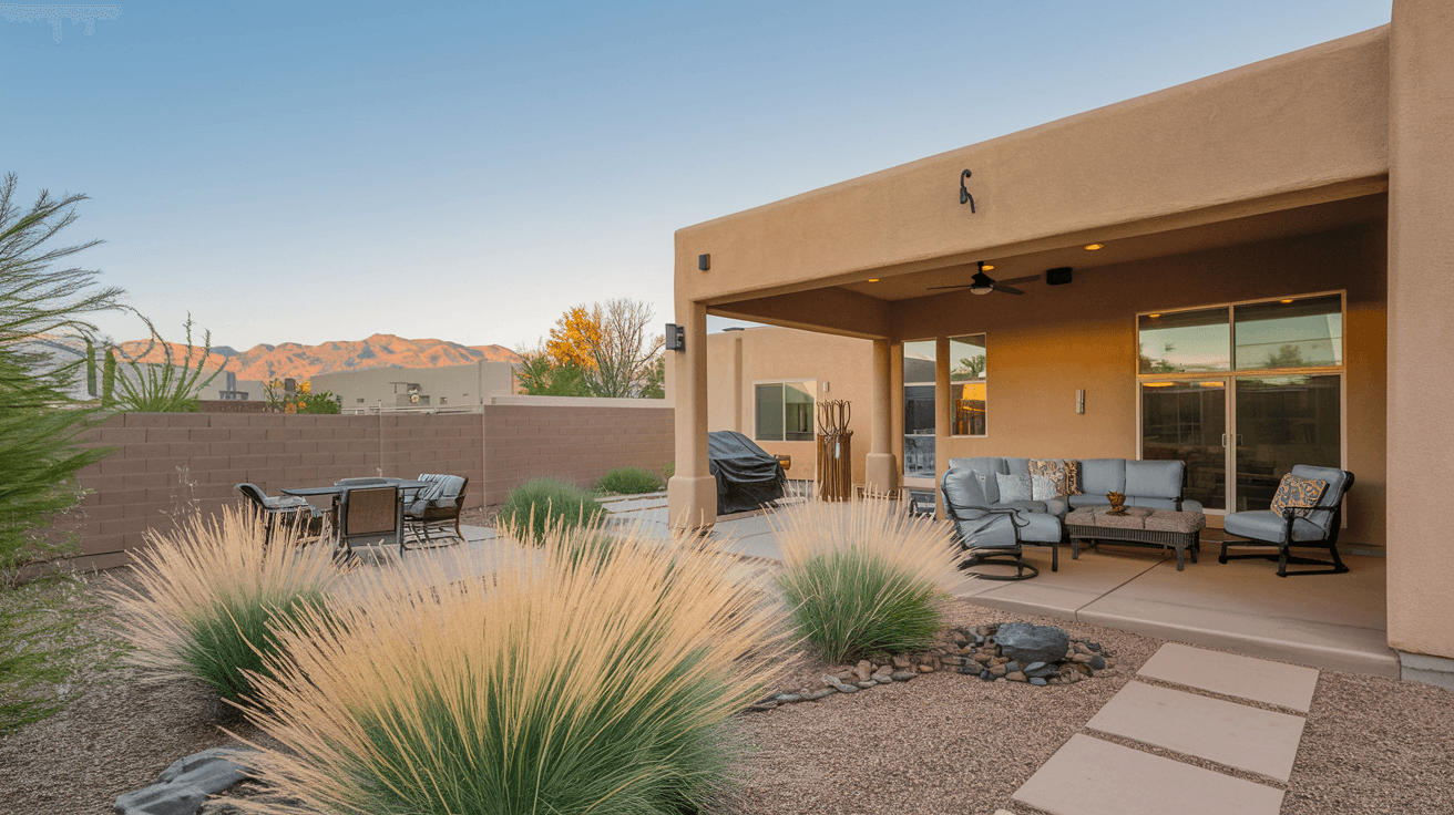 A well-staged Albuquerque home backyard with a covered patio, desert landscaping, and the Sandia Mountains visible in the golden late-afternoon light