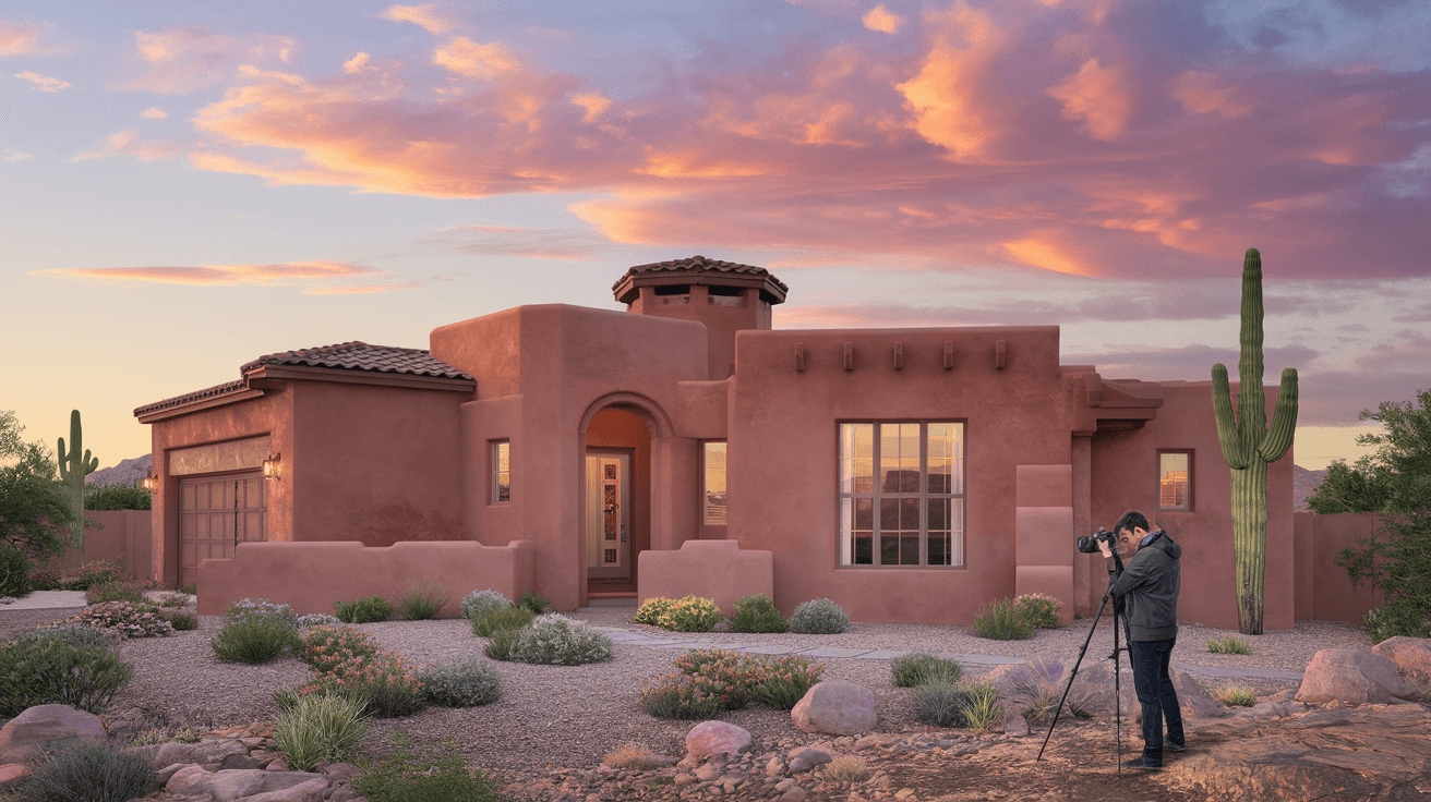 Professional photographer capturing listing photos at golden hour