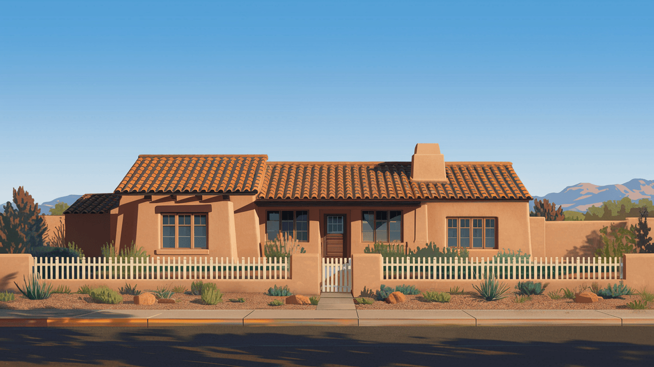A well-maintained adobe home with a terra cotta tile roof and desert landscaping in an Albuquerque neighborhood, the Sandia Mountains visible in the distance under a clear blue sky