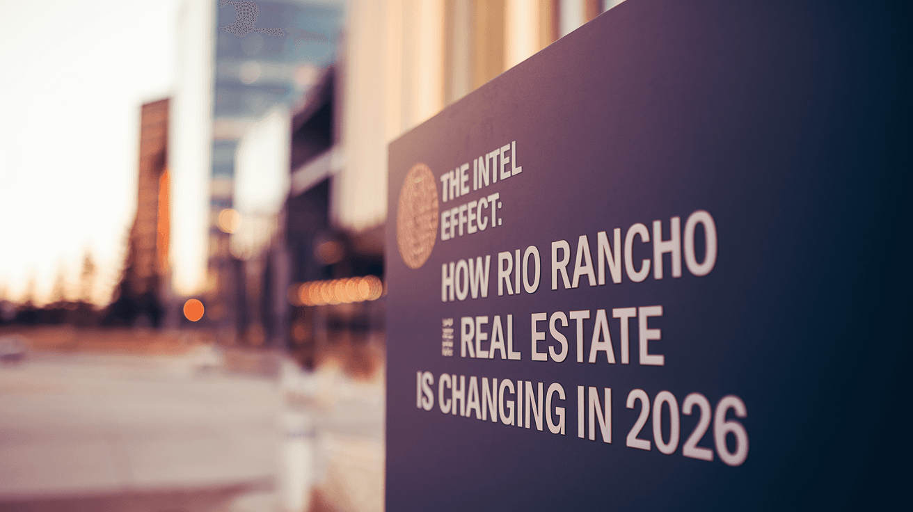 A close-up of a sign reading "The Intel Effect: How Rio Rancho Real Estate Is Changing in 2026" with city buildings softly blurred in the background at golden hour