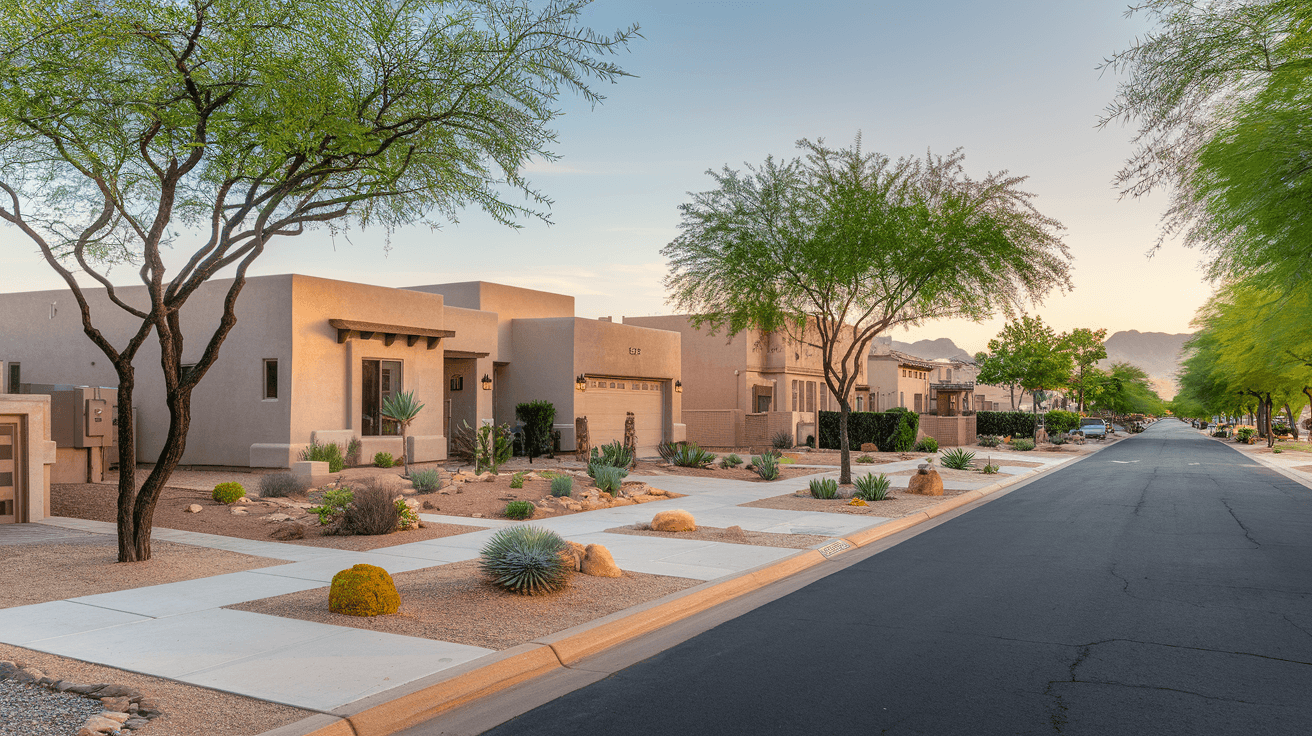 A quiet street in a Rio Rancho subdivision lined with modern adobe-style stucco homes, xeriscaped front yards with desert plants, and mesquite trees in the warm evening light
