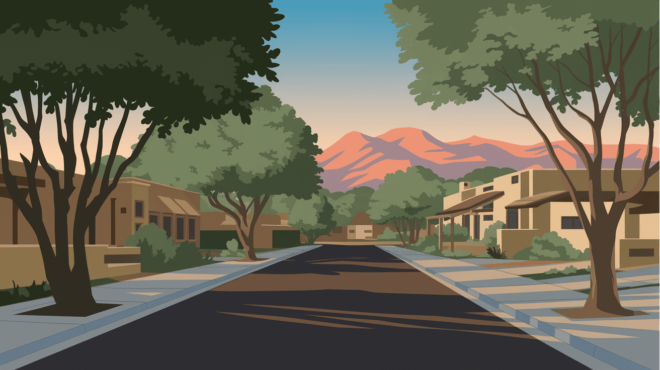 A quiet tree-lined street in an established Albuquerque neighborhood with mature cottonwood trees, adobe-style homes, and the Sandia Mountains in the golden hour background