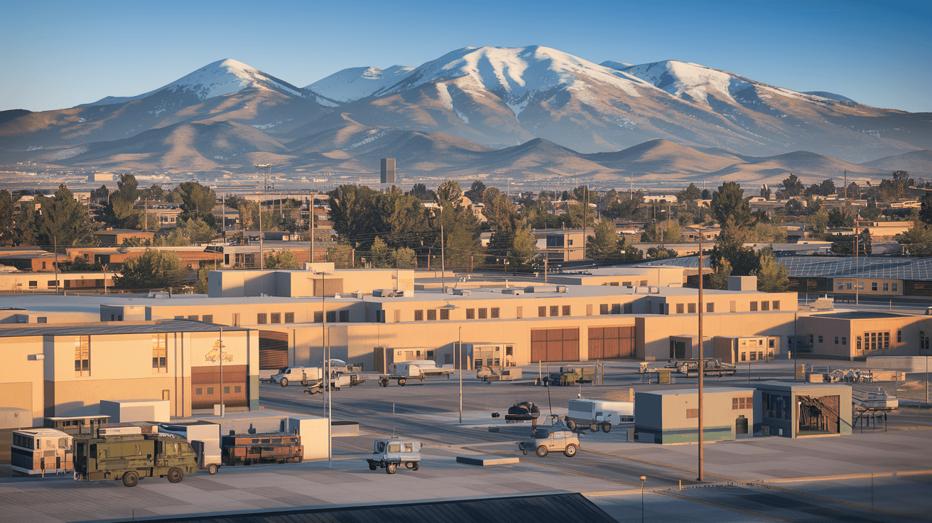 Aerial view of Kirtland Air Force Base with the Sandia Mountains rising in the background and Albuquerque's residential neighborhoods visible to the north and west