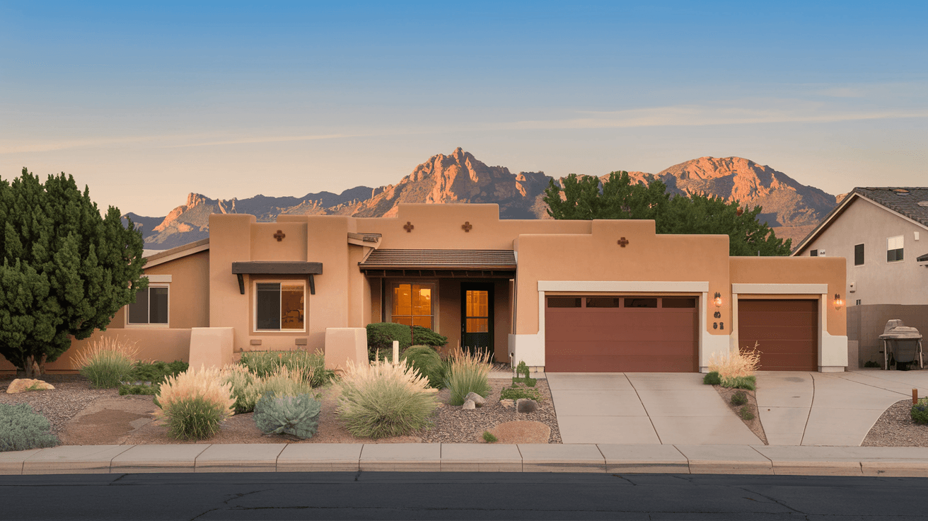 A well-maintained single-family home in a southeast Albuquerque neighborhood with desert landscaping, a two-car garage, and the Sandia Mountains visible in the late afternoon light
