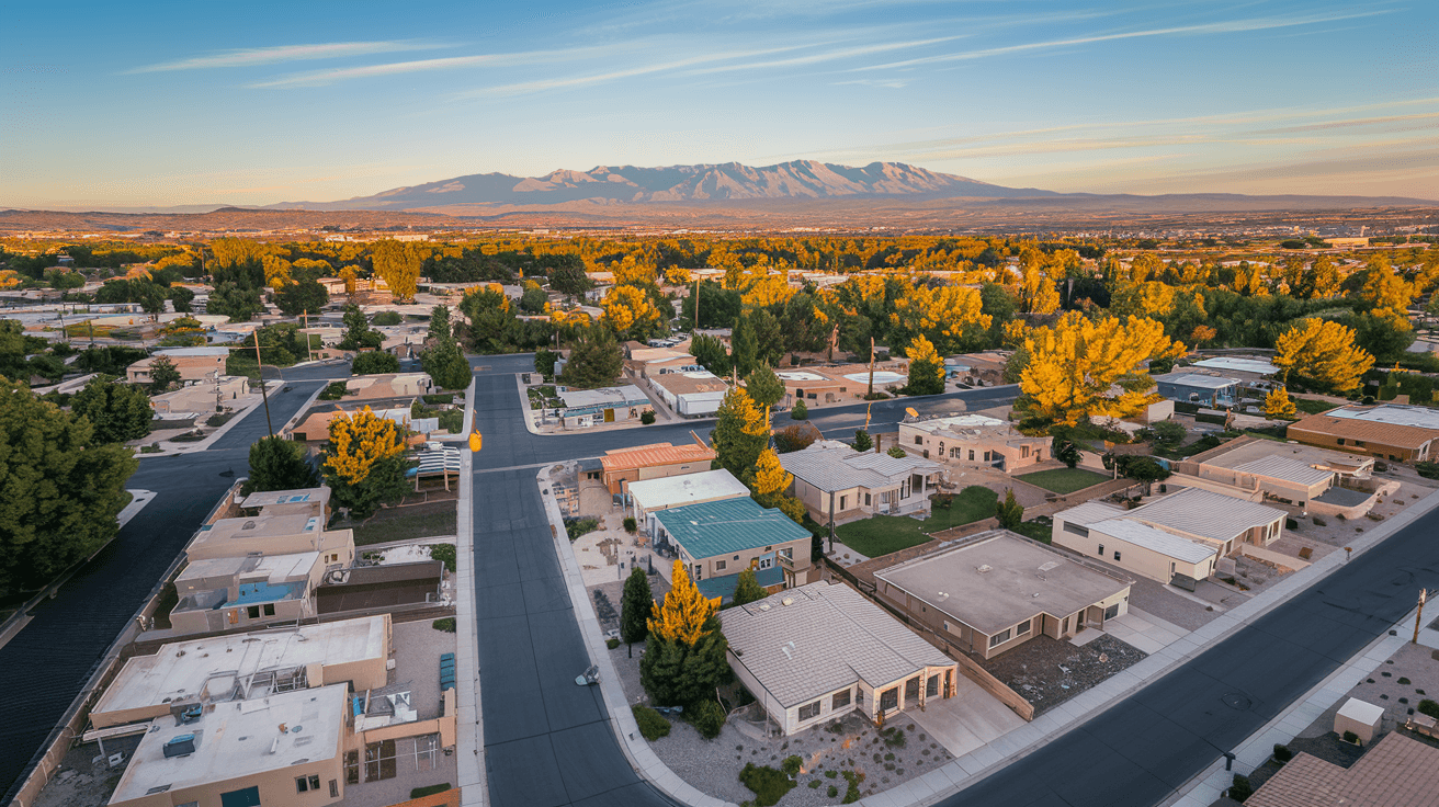 Aerial view of a quiet Albuquerque residential neighborhood in the southeast heights, with the Sandia Mountains visible in the background under a wide New Mexico sky