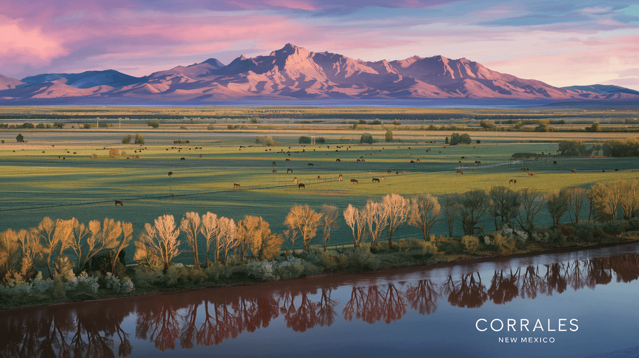 A golden-hour aerial view of Corrales New Mexico showing irrigated horse pastures, cottonwood bosque along the Rio Grande, and the Sandia Mountains glowing pink in the background