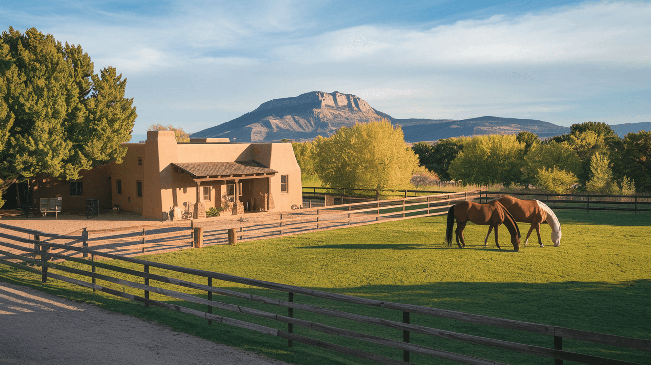 A well-maintained horse property in Corrales with a classic adobe home, wooden fence line, two horses grazing in a green pasture, and the West Mesa visible in the background under a wide New Mexico sky
