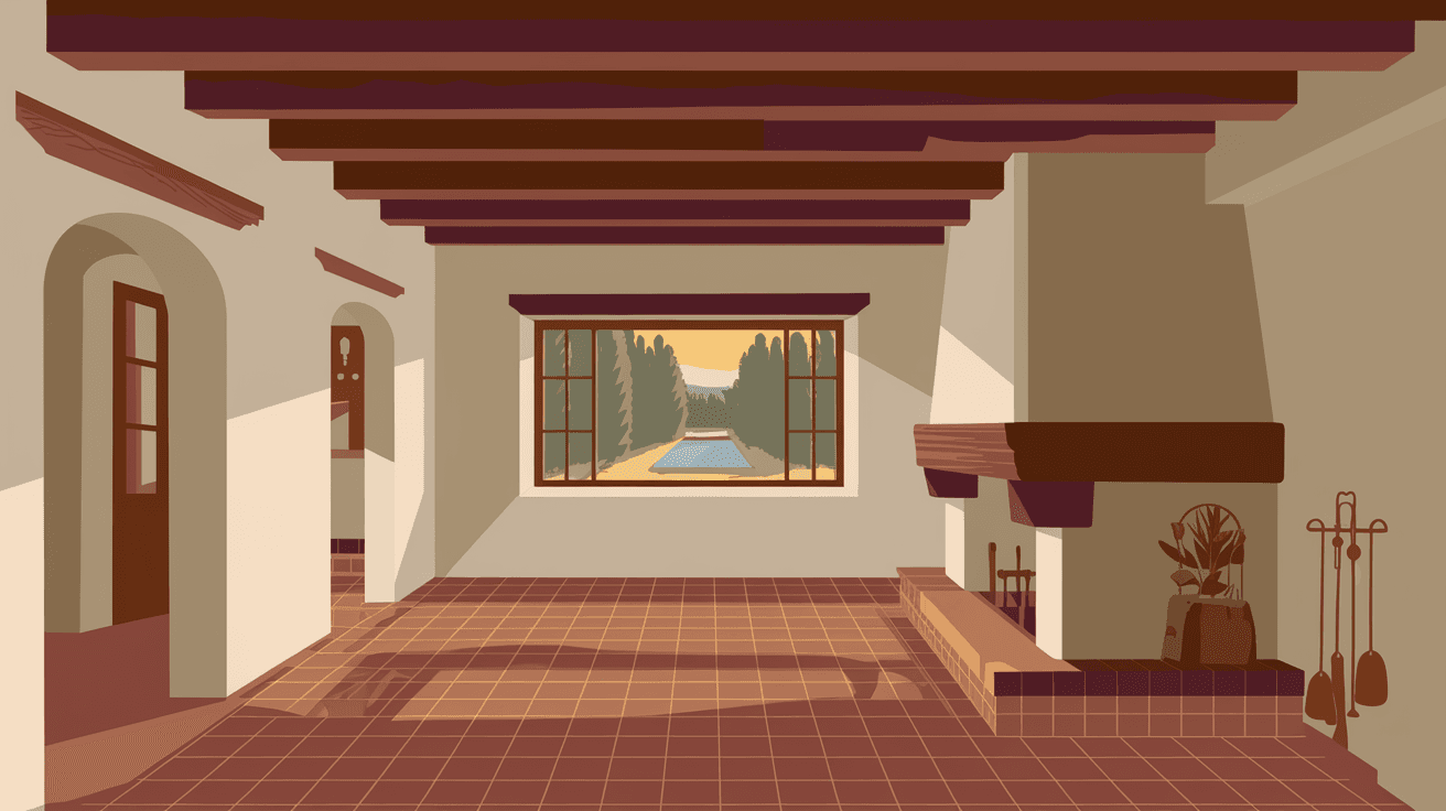 The interior of a restored adobe home in Corrales with traditional vigas, a kiva fireplace, saltillo tile floors, and a large window framing a view of a cottonwood-lined acequia in afternoon light