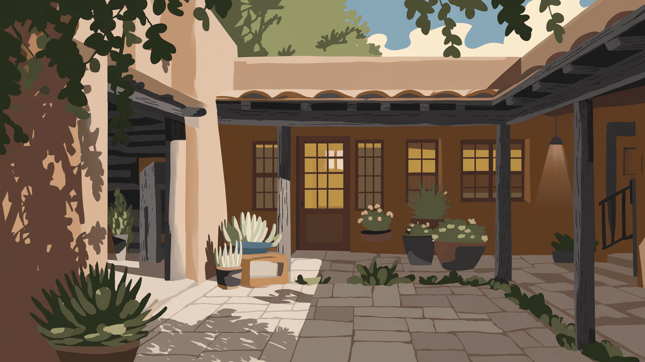 The interior courtyard of a traditional Corrales NM adobe home, featuring a flagstone patio, a weathered wooden portal, potted desert plants, and soft afternoon light filtering through cottonwood leaves