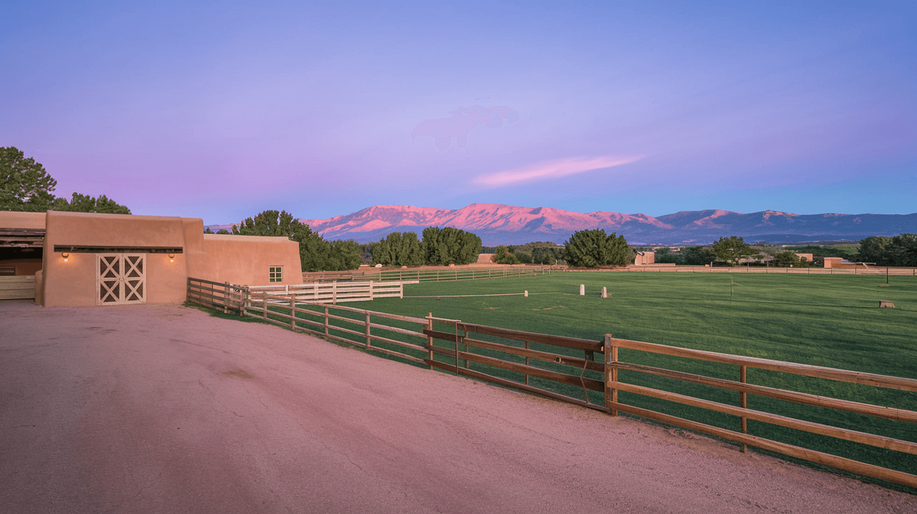 A wide-angle view of a Corrales NM equestrian property at dusk, showing a classic adobe barn, wooden fencing, green irrigated pasture, and the Sandia Mountains glowing pink in the background