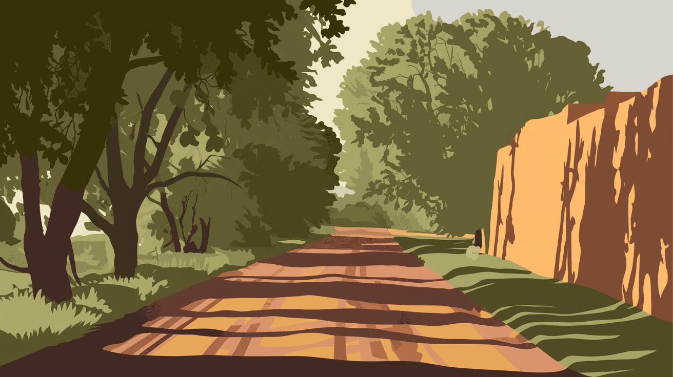 A golden-hour view looking down a tree-lined dirt road in Corrales NM, with cottonwood trees casting long shadows and an adobe wall visible along the right side