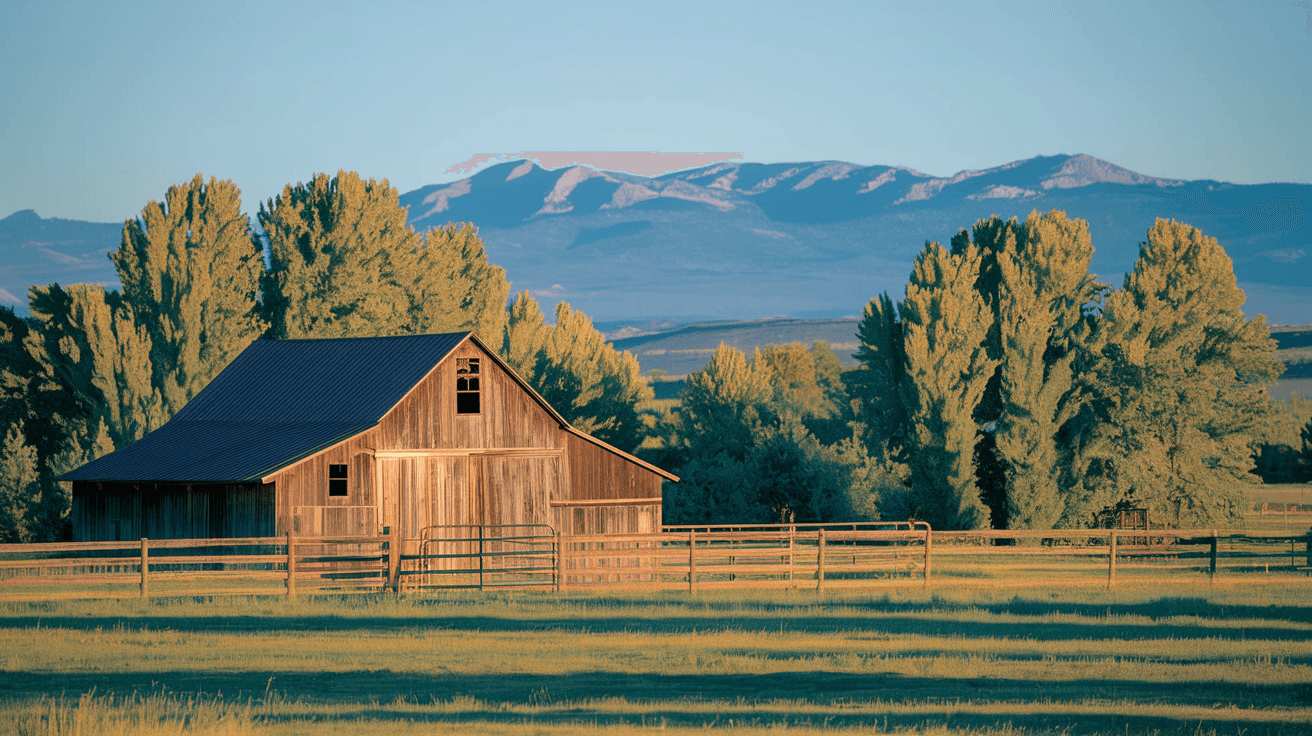 A rustic wooden barn with a split-rail fence and mature cottonwood trees on a sunny Corrales NM horse property, Sandia Mountains visible in the distance