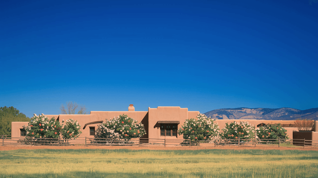 A wide-angle view of a Corrales NM adobe home with irrigated pasture, a split-rail fence, fruit trees in early spring bloom, and the West Mesa visible under a deep blue New Mexico sky