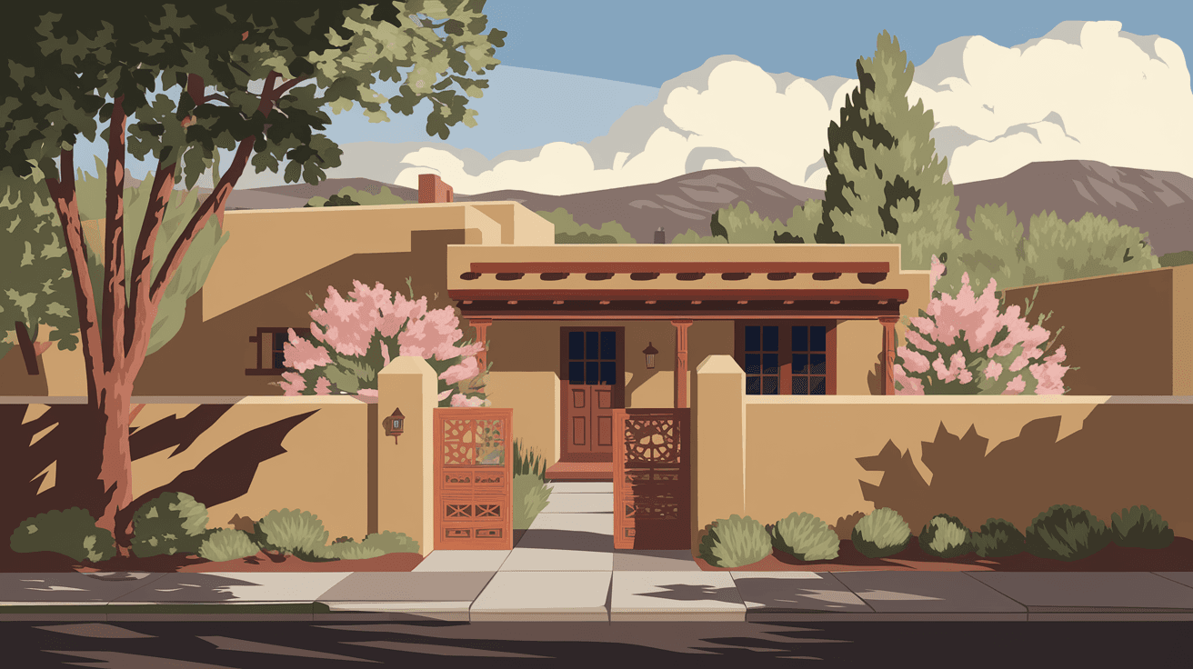 A restored adobe home in Corrales with a hand-carved wooden gate, lush irrigated yard, and the Jemez Mountains visible in the soft afternoon light
