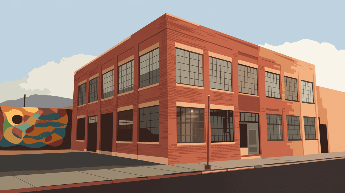 Warm late-afternoon light falling across a converted brick loft building in EDo Albuquerque, with large industrial windows and a mural visible on the adjacent wall, Sandia Mountains faintly visible in the background