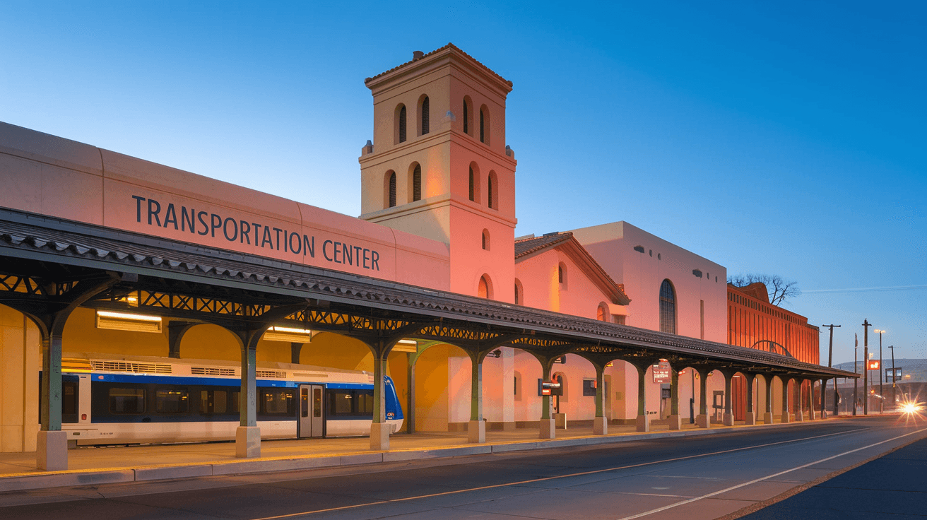 The Alvarado Transportation Center on 1st Street in downtown Albuquerque at golden hour, with the Rail Runner train visible on the platform and the historic Mission Revival architecture of the building lit warmly