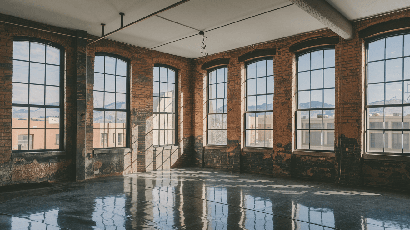 Interior of a converted loft in EDo Albuquerque showing exposed brick walls, polished concrete floors, tall industrial windows with afternoon light streaming in, and the Sandia Mountains visible through the glass