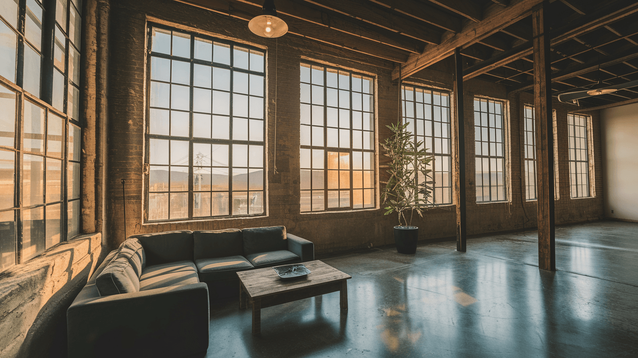 A sun-drenched loft interior in a converted Downtown Albuquerque brick warehouse, with tall industrial windows, exposed wooden beams, and the Sandia Mountains visible in the distance through the glass