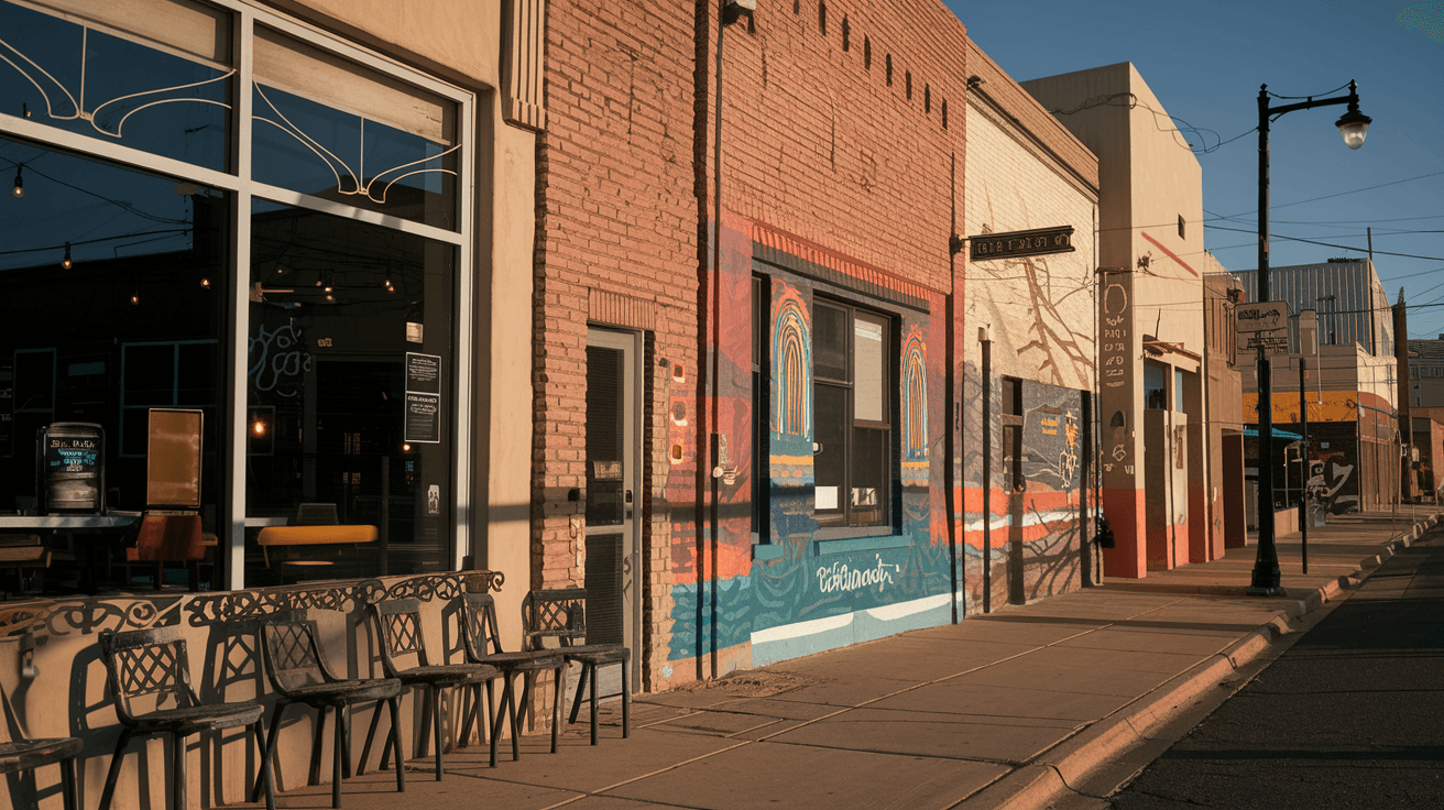 A walkable street scene in the EDo arts district of Albuquerque, with colorful murals on brick building facades, a coffee shop patio, and the late afternoon New Mexico light casting long shadows across the sidewalk