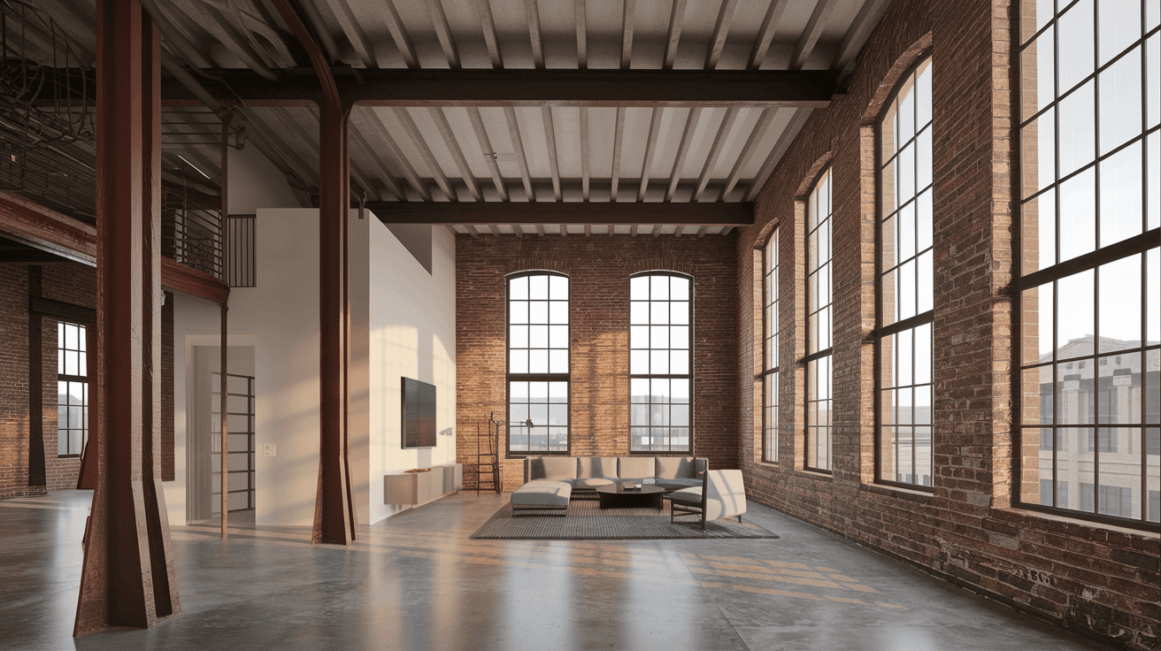 Interior of a downtown Albuquerque loft conversion showing exposed brick walls, polished concrete floors, high ceilings with industrial steel beams, and large windows with natural light