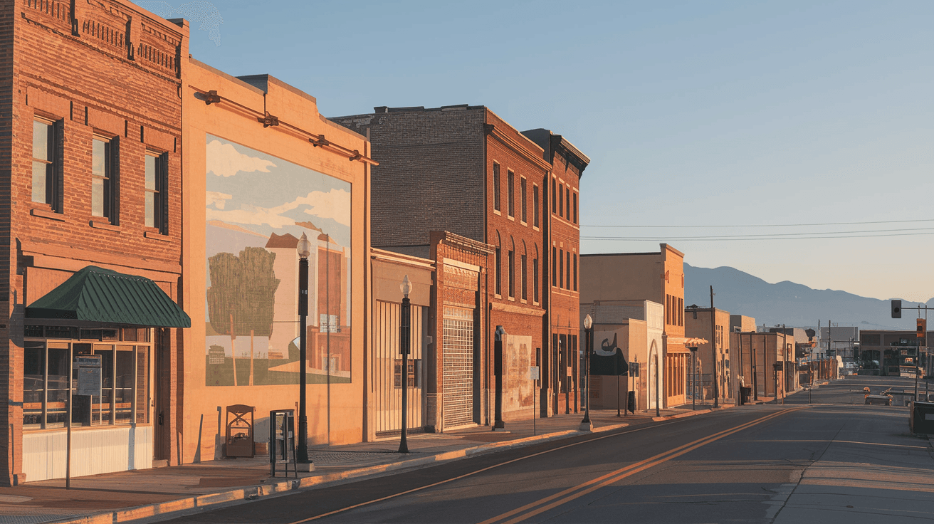 Aerial view of the EDo and Downtown Albuquerque corridor along Central Avenue at golden hour, showing historic brick buildings, murals, and the Sandia Mountains in the distance