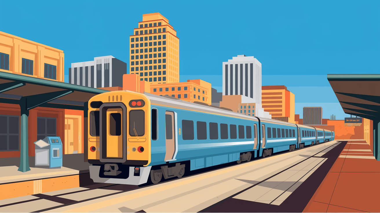 The New Mexico Rail Runner Express train at the Albuquerque Downtown Station on 1st Street, with the downtown skyline and clear blue New Mexico sky in the background