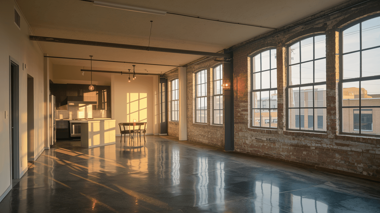 A renovated two-bedroom loft living space in a downtown Albuquerque conversion building, featuring polished concrete floors, exposed brick, and large industrial windows with afternoon light streaming in