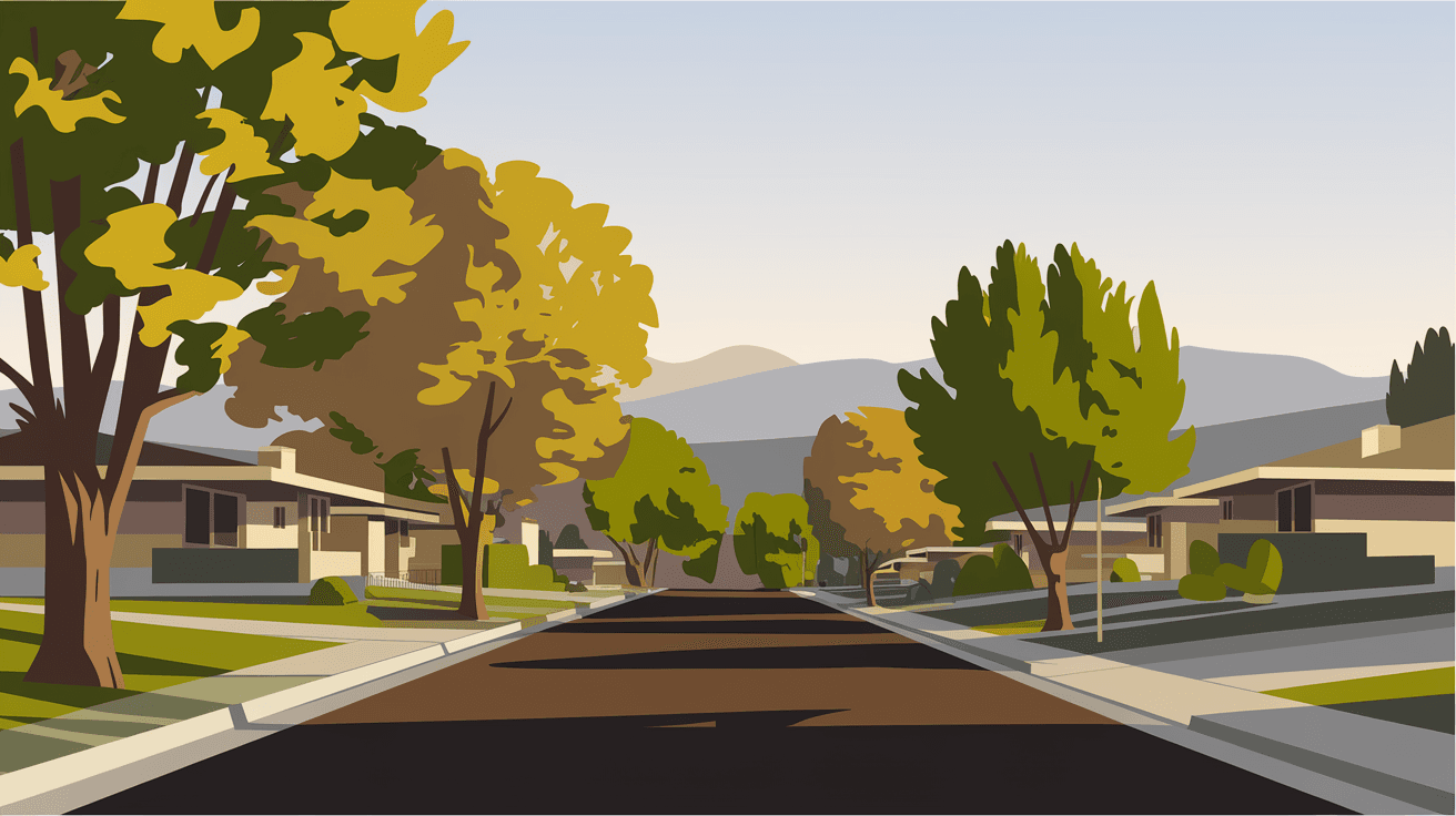 A quiet Four Hills Albuquerque residential street lined with mature cottonwood trees in autumn gold, mid-century ranch homes visible on either side, Sandia Mountains in the soft background distance