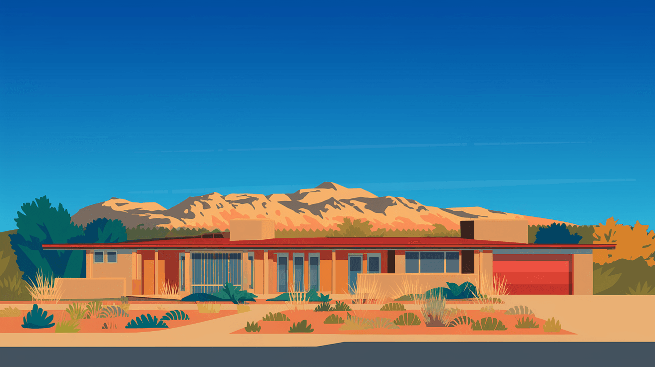 Wide-angle view of a Four Hills Albuquerque mid-century ranch home with the Sandia Mountains rising in the background under a vivid blue New Mexico sky, desert landscaping with native plants in the foreground