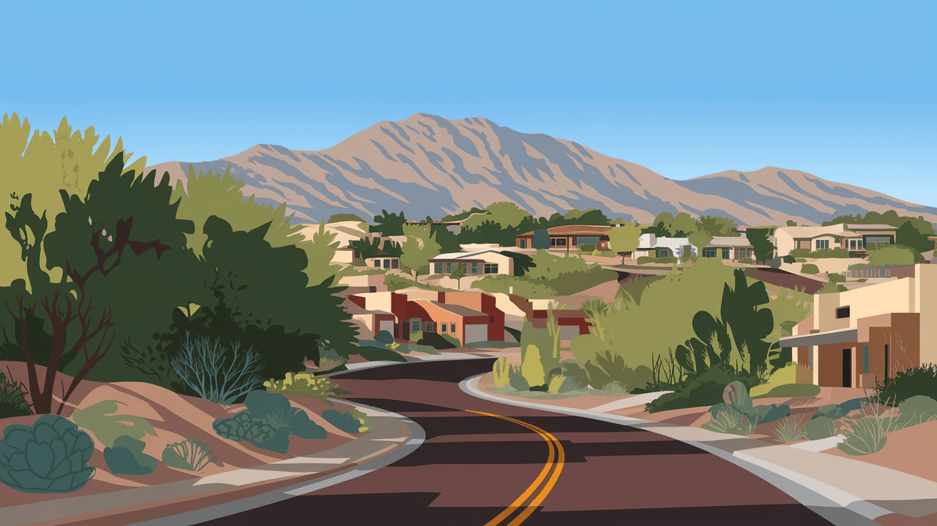 A winding residential street in Four Hills Albuquerque lined with mature desert landscaping, custom homes on elevated lots, and the Sandia Mountains rising sharply in the background under a clear blue sky