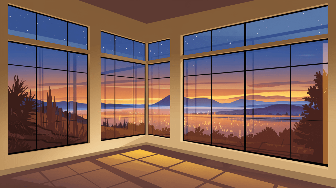 Interior of a renovated Four Hills Albuquerque custom home with floor-to-ceiling west-facing windows framing a panoramic view of the Albuquerque valley and Rio Grande bosque at dusk