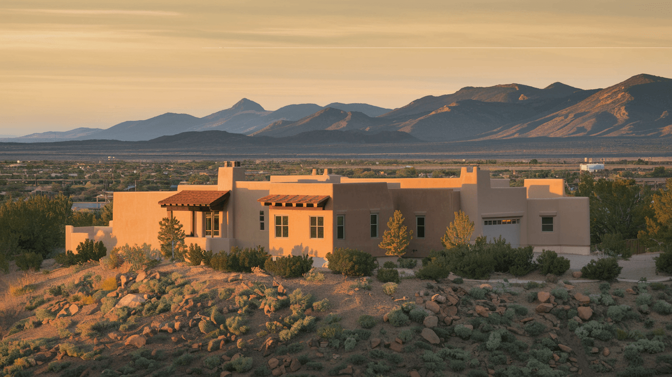 Sweeping golden-hour view from a Four Hills Albuquerque hilltop lot looking west toward the Rio Grande bosque and the West Mesa volcanoes, with a custom adobe home in the foreground