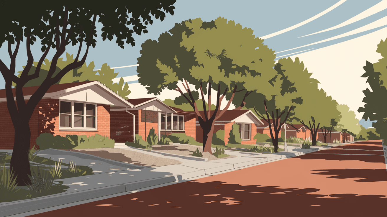 Warm afternoon light on a tree-lined residential street in Nob Hill Albuquerque, showing mid-century brick ranch homes with xeriscaped front yards and mature cottonwood trees