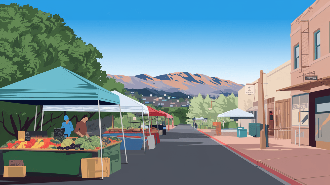 A Saturday morning farmers market scene on Central Avenue in Nob Hill, with vendor canopies, fresh produce, and the Sandia Mountains visible in the background under a clear New Mexico sky