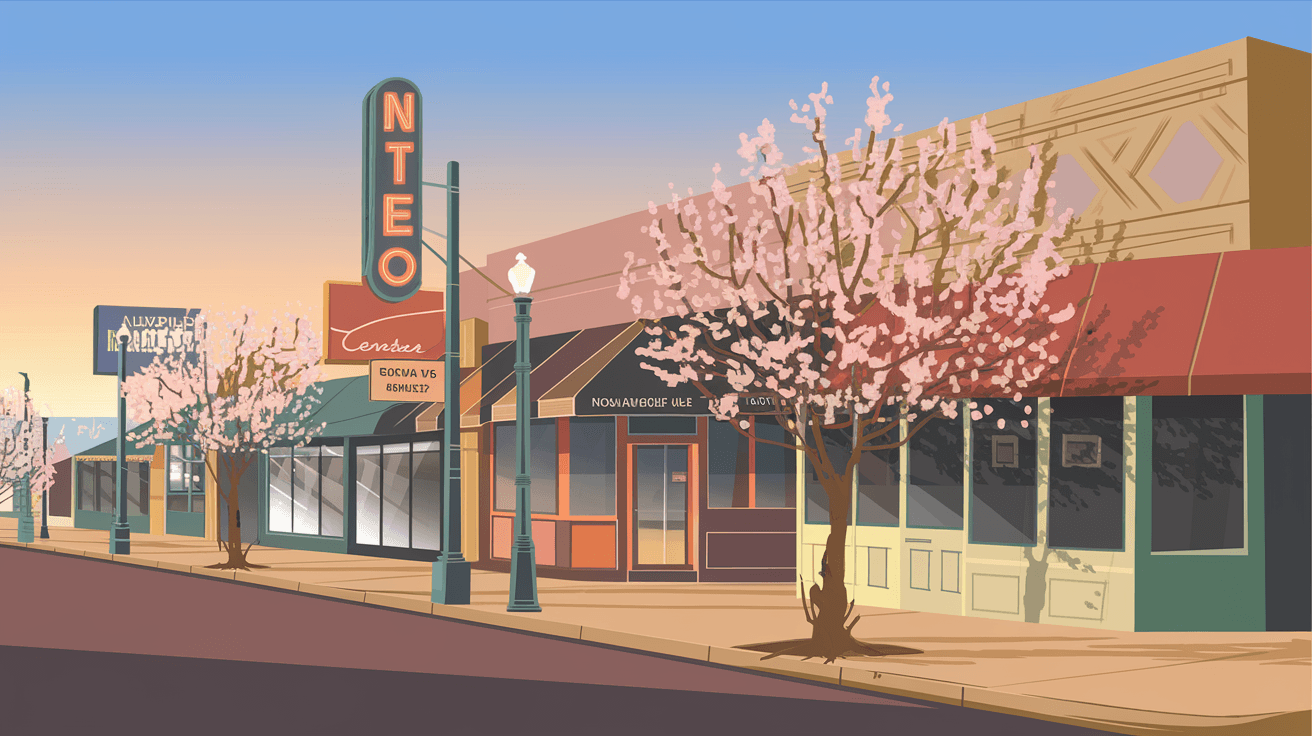 Afternoon light on Central Avenue in Nob Hill, Albuquerque, with vintage neon signs, blooming street trees, and a row of locally-owned storefronts lining the walkable corridor