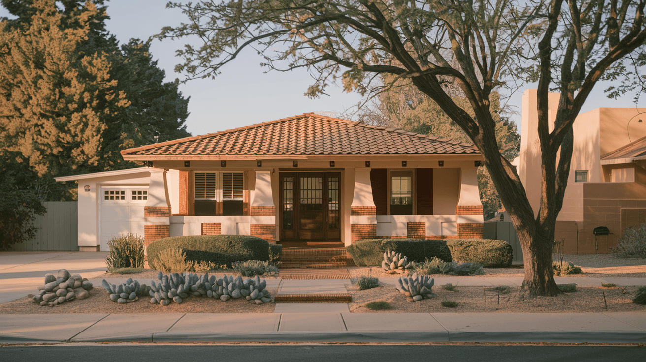 Sunlit 1940s Spanish Colonial Revival bungalow on a tree-lined residential street in Nob Hill, Albuquerque, with a terracotta-tiled roof, painted stucco exterior, and lush front yard plantings in warm afternoon light