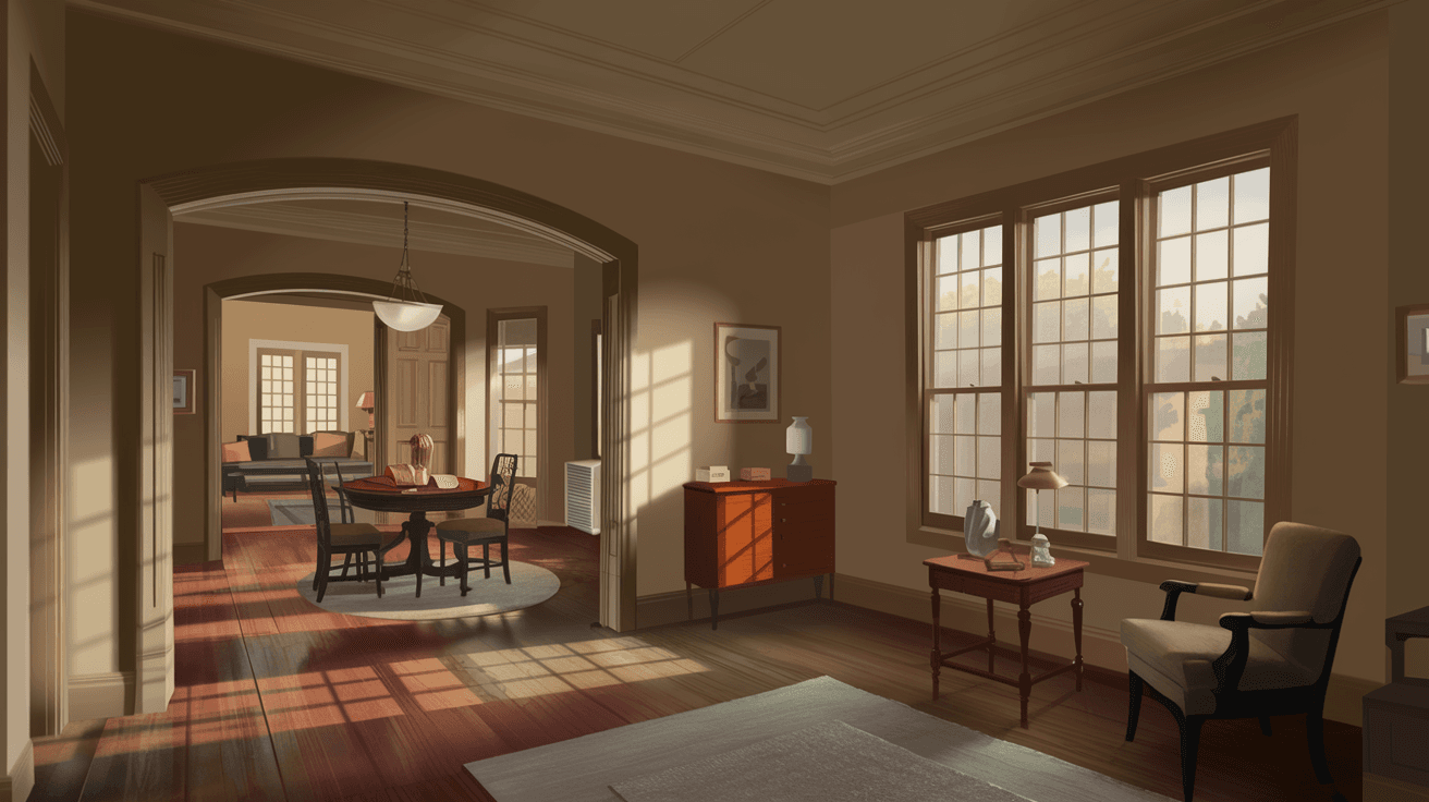 Interior of a restored 1940s Nob Hill bungalow showing original hardwood floors, arched doorways, coved plaster ceilings, and warm afternoon light filtering through divided-light windows