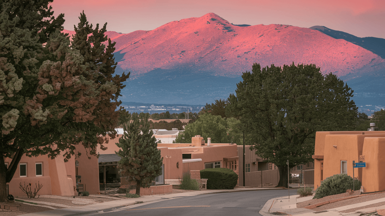 The Sandia Mountains glowing pink at sunset as seen from a Nob Hill Albuquerque residential street with adobe homes and mature trees in the foreground