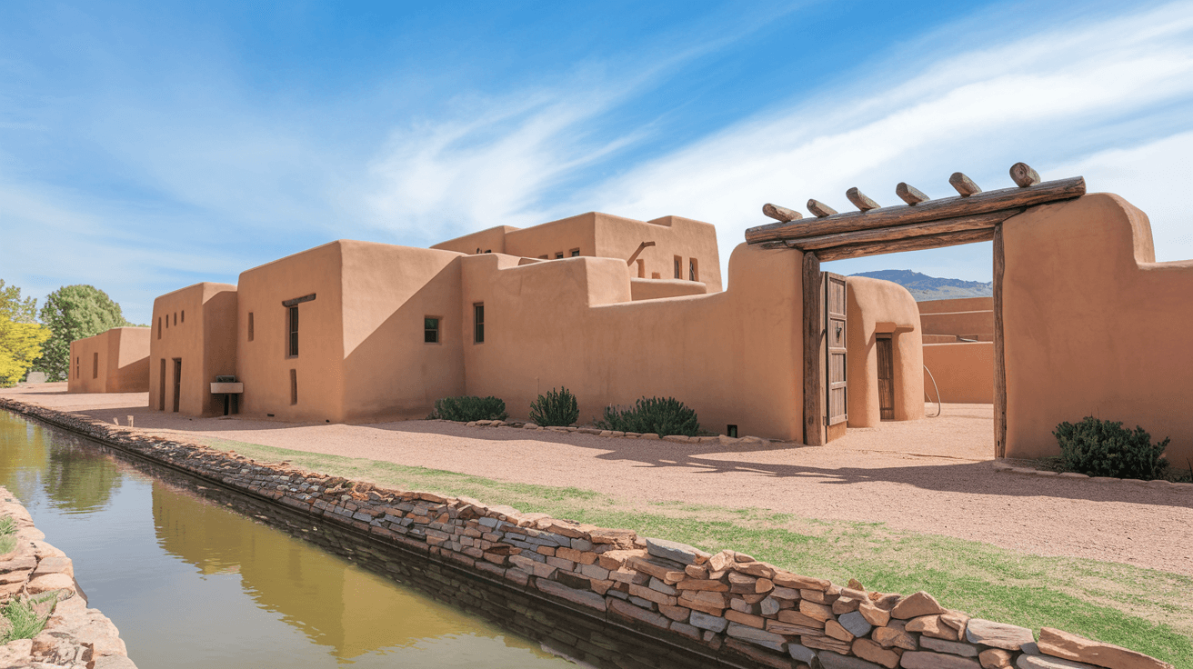 A historic adobe compound in Albuquerque's North Valley with thick earthen walls, a wooden portal, and a half-acre lot with a working acequia visible along the property line under a clear New Mexico sky