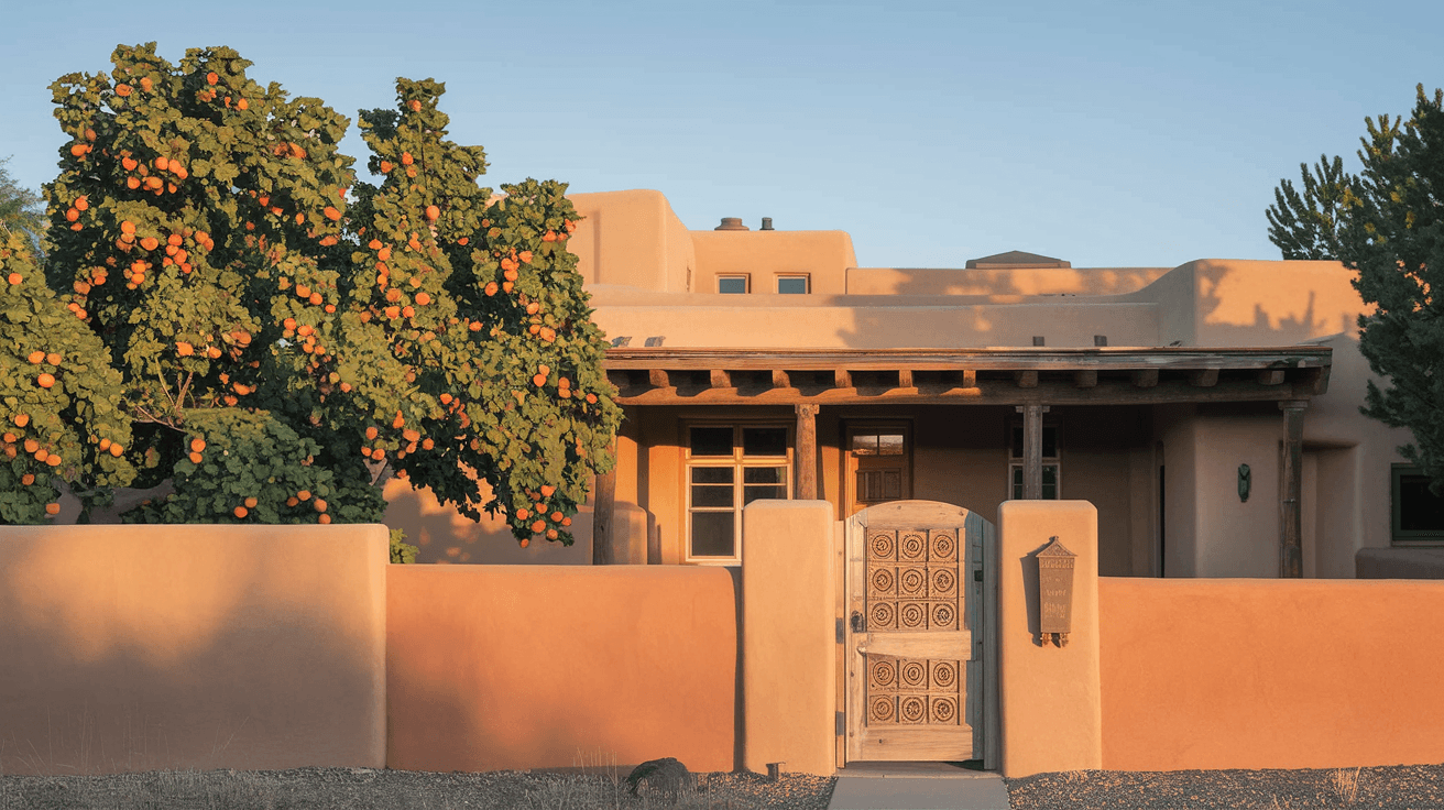 A wide portal on the back of a traditional adobe home in Albuquerque's North Valley, overlooking a walled courtyard garden with a mature apricot tree and hand-carved wooden gate