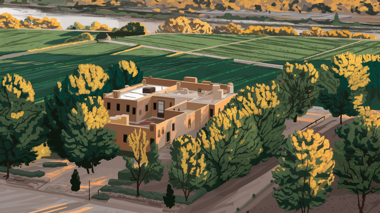 Aerial view of a historic North Valley Albuquerque adobe estate surrounded by cottonwood trees and irrigated green fields with the Rio Grande visible in the background on a golden late afternoon